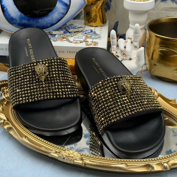 🆕 KURT GEIGER LONDON 🧿 NWOB Meena Eagle Black & Gold Studded Slide, Sz 6.5 - Picture 4 of 13